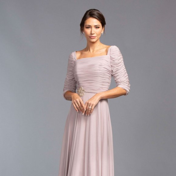 A-Line Square Neck Short Puff Sleeves Beading Formal Dress